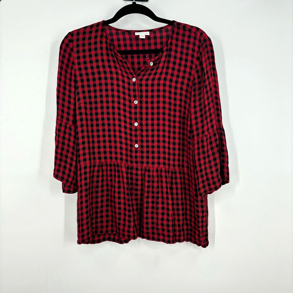 J. Jill Shirt Top Size S Red Black Buffalo Plaid Peplum Holiday Christmas Casual